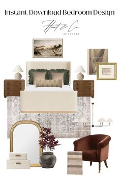 an interior design board with furniture and decor