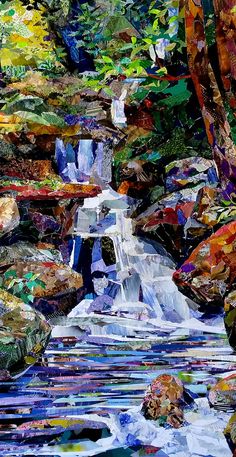 an abstract painting of a waterfall surrounded by rocks and trees