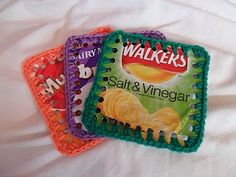 three different flavors of walkers salt and vinegar on top of each other in crochet