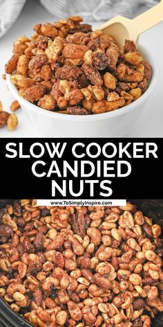 crockpot candied nuts slow cooked in a cinnamon sugar mixture and in a white bowl. Cinnamon Nuts Recipe Crock Pot, Unsalted Mixed Nuts Recipes, Nuts Snacks Ideas, Mixed Nut Recipes, Sweet Spiced Nuts Recipe, Spiced Candied Nuts Recipe, Sugared Nuts Candied Pecans, Candied Mixed Nuts Easy Recipes, Slow Cooker Pecans