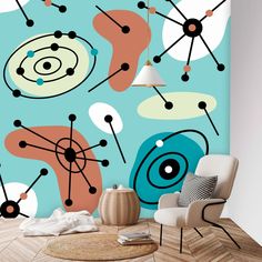 an abstract wallpaper with circles, dots and lines on it in a living room