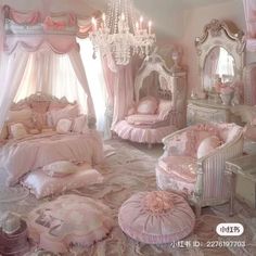 a bedroom with pink furniture and chandelier