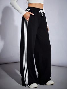 Women Sportswear Cotton Woven Tape Wide Leg Black Sweatpants Black and White    Knitted Fabric Colorblock,Striped Wide Leg Medium Stretch  Women Clothing, size features are:Bust: ,Length: ,Sleeve Length: No Cuff Sweatpants, Black Sweatpants Aesthetic, Sweatpants Amazon, Sweatpants Colors, Cute Sweat Pants, Clothes Sweatpants, Track Sweatpants, Women Sweatpants, Women Sportswear