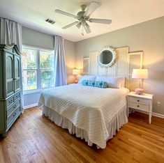 Tybee Island Rental Flamingo Cottage | SugarsBeach White Beach Bedroom, Beach Theme Bedding, Glass Bedside Table Lamps, White Adirondack Chairs, Themed Bedrooms, Blue Grey Walls, Beachy Bedroom, Beach Themed Bedroom, Beach Bedroom Decor