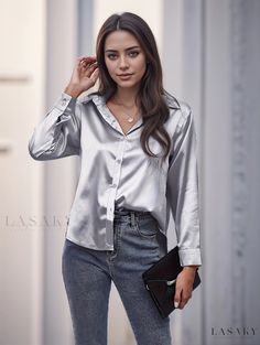 Lasaky - Premium Imitation Silk Shirt: Stylish Solid Turndown Collar, Long Sleeve Button Up Shirt for Womens Spring & Fall Wardrobe Satin Clothes, True Winter, Long Sleeve Button Up Shirt, Satin Blouses, Turndown Collar, Satin Blouse, Corsets, Winter Looks, Silk Shirt