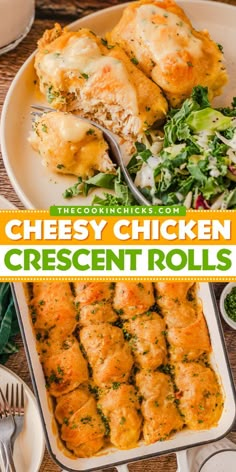 cheesy chicken crescent rolls with broccoli and spinach on the side