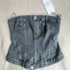 Nwt Zara Corset Style Denim Top Black Jean Top Strapless Back Zip Sz Denim Corset For Night Out, Dark Wash Summer Corset, Spring Denim Corset For Night Out, Spring Night Out Denim Corset, Black Denim Top For Summer, Denim Sleeveless Tube Top For Night Out, Trendy Strapless Denim Top For Night Out, Zara Black Fitted Tube Top, Zara Black Tube Top For Spring