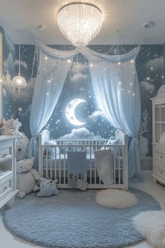 Moonlit Enchantment in a Western Gothic nursery evokes the peaceful charm of a meadow bathed in moonlight. Soft blues and silvers create a tranquil ambiance, with moon-shaped pillows and serene meadow wall art enhancing the dreamy setting. Discover more about transforming your nursery with Moonlit Enchantment by clicking here. Gothic Nursery Ideas, Brown Baby Shower Ideas, Baby Blue Bedrooms, Gothic Nursery, Luxury Baby Nursery, Cozy Baby Room, Western Gothic, Newborn Room, Kids Room Interior Design