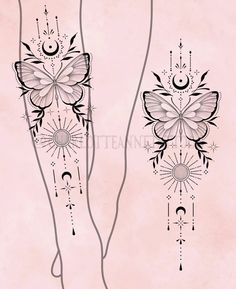 two butterflies with sun and moon tattoos on their legs, one is black and white