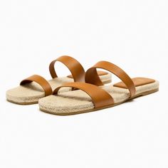 Zara Low-Heeled Strappy Leather Sandals. Details: Flat Sandals With Leather Straps. Jute Soles. Squared Toe. Sole Height 0.4" (1cm) Color:Brown 1624/210 Upper:Leather Lining:100% Polyurethane Sole:Rubber Insole:80% Jute 20% Leather Nwt Purple Sandals, Minimalist Flat, Zara Sandals, Strappy Leather Sandals, Zara Heels, White Sandals Heels, Strappy Flats, Heeled Mules Sandals, Zara Leather