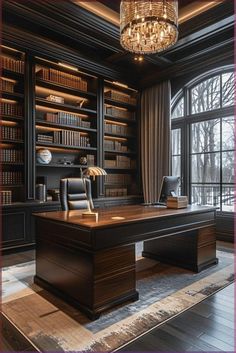 an elegant office with large bookshelves and chandelier