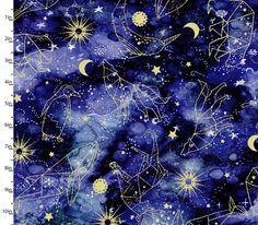 a blue and yellow background with stars, moon and clouds in the sky on it