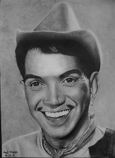 a pencil drawing of a smiling man wearing a cowboy hat