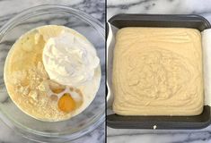 two pictures showing the same batter in a pan and an uncooked batter in a bowl