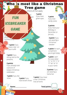 a christmas game with the words fun icebreaker game on it, and a tree