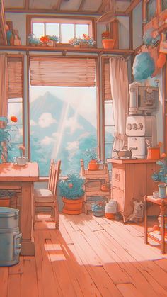 a painting of a kitchen with an open window looking out onto the ocean and mountains