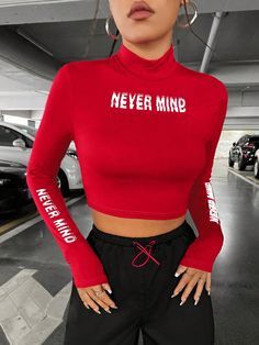 Red Casual Collar Long Sleeve Knitted Fabric Letter,Slogan  Embellished Medium Stretch  Women Clothing Fabric Letters, Women T Shirts, Petite Women, Gymnast, Long Sleeve Knit, Two Hands, Women Clothing, Crop Tops Women, Knitted Fabric