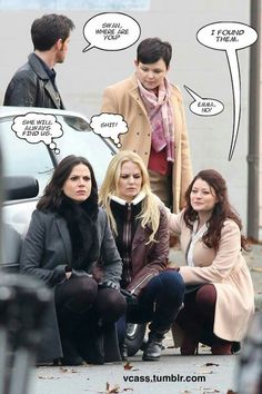 three women sitting next to each other on the sidewalk with speech bubbles above them that say,