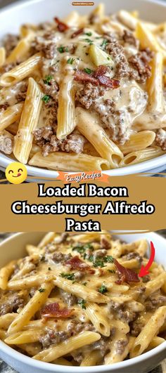 two plates with different types of food on them and the same one has cheeseburger alfredo pasta in it