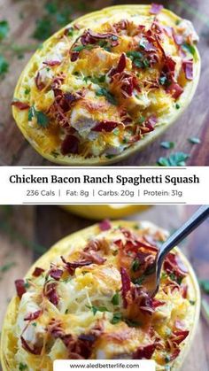 chicken bacon ranch spaghetti squash is shown in two separate images