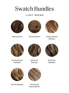 This is a sample swatch bundle that includes colors Neutral Brown, Chestnut Brown, Chestnut Brown Balayage, Chestnut Brown Highlights, Ash Brown Balayage, Ash Brown Highlights, Bronde Balayage, Dimensional Natural Blonde. Colors are shown in respective order. faq can-i-return-my-swatch-bundle how-many-swatches-are-included-in-each-bundle are-multi-colored-shades-dimensional-balayage-and-highlights-included-in-the-bundles what-shades-are-included-in-each-bundle how-big-are-the-swatches how-do-i-u Highlights Ash Brown, Balayage Ash Brown, Sandy Brown Hair Color, Highlights Bronde, Chestnut Brown Highlights, Chestnut Brown Balayage, Brown Hair Going Grey, Chestnut Brown Hair Color, Balayage Dimensional