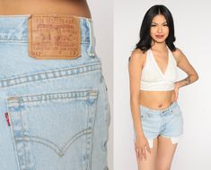 "Vintage 90s cut off jean shorts by Levis 517 in light blue denim with a raw hem and exposed pockets. Please see measurements and condition below. Every garment we sell is authentic vintage and one-of-a-kind! You will receive the exact item photographed. Condition: Very good vintage. Best fits women's: Labelled 7, but runs modern small. See measurements including rise. Tag: levis Material: denim MEASUREMENTS Taken from seam to seam while the garment is lying flat. Double the armpit, waist, and h 90s Cut, Grunge Summer, Levis 517, Boho Grunge, Denim Cutoffs, Cut Off Jeans, Levis Denim, Light Blue Denim, Short Shorts