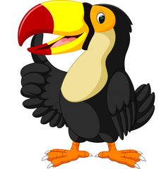 a cartoon toucan bird standing on one leg and holding a large red beak