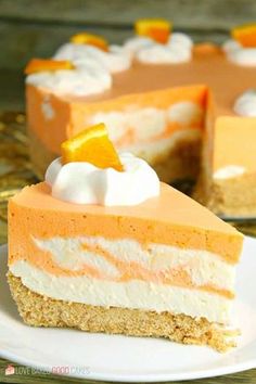 a slice of orange cheesecake on a plate