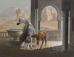 two horses standing next to each other in front of a fountain with an open courtyard