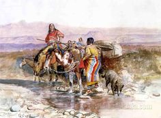 an image of native americans crossing a stream with horses and donkeys in the background