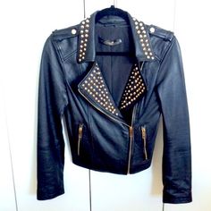 In Good Condition If You Would Like More Photos Feel Free To Contact Me. Spring Biker Jacket With Studs, Biker Jacket With Rivets For Party, Biker Style Jacket With Rivets For Party, Spring Studs Biker Jacket, Biker Leather Jacket With Studs For Party, Party Biker Leather Jacket With Studs, Fitted Moto Outerwear With Studs, Moto Outerwear With Studs, Studded Long-sleeved Moto Outerwear