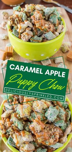 Kick off the season with this super easy puppy chow recipe! This fall food features Chex Apple Cinnamon cereal. Drizzled with a hot caramel topping, it's such an addicting Thanksgiving party snack! Chow Puppy, Chex Cereal, Fall Snacks, Snack Mix Recipes, Fall Recipe