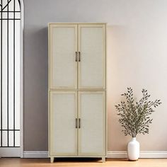 a white cabinet sitting next to a plant on top of a hard wood floor