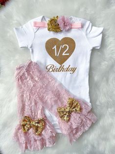 This listing is for Pink and Gold Half birthday outfit Includes Bodysuit Lace Legwarmer Headband Carter's Bodysuit is Crafted in babysoft cotton, Easy to change with Nickel-free snaps on reinforced panels . Normal PROCESSING takes 2 weeks for this items. Busy times of the year may change to 3 weeks .Although I do try to get them out sooner if possible *Processing time DOES NOT INCLUDE SHIPPING TIME. U.S. SHIPPING is based on the method of shipping you choose at checkout in the drop down menu: St Pink Long Sleeve Birthday Set, Pink Long Sleeve Sets For Birthday, Pink Birthday Set For Spring, Pink Spring Birthday Set, Fitted Pink Sets For First Birthday, Pink Gold Birthday Cake, Half Birthday Outfit, Half Birthday Party, Half Birthday Cakes