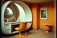 an orange and white room with a desk and chair in the corner, next to a round window