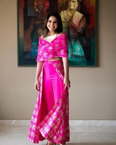 Zara in a ‘Trouser Lehenga’ with pearl embroidered bustier and an off-shoulder double wrap blouse in Cerise Pink. A fuss-free skirt &… Indian Silk Dresses, Trendy Outfits Indian, Indian Gowns Dresses, Indian Gowns, Ethnic Outfits, Designer Dresses Casual