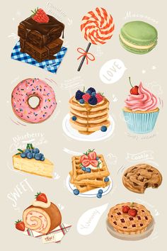 an illustration of different types of cakes and pastries