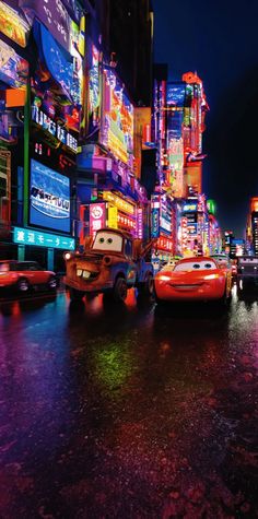 cars driving down the street at night with neon signs and billboards in the background