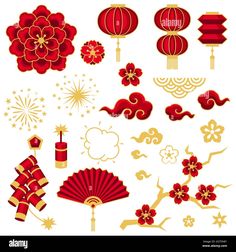 red and gold chinese new year's decorations on white background with clippings - stock image