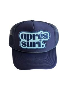 Apres Surf Trucker Hat Surf all day long and then vibe. This his or hers trucker is part of our Destination Collection. Cute and perfect for your next day in the sun. So light, medium profile and a perfect addition to your growing hat collection. This patch is sewn on for extra durability. 5 Panel Foam Mesh Back Trucker, Pro Style Adult Sizing 100% Poly Foam Front, 100% Nylon Back Blue Letter Print Trucker Hat For Beach, Trucker Hat With Flat Bill For Beach, Beach Flat Bill Trucker Hat, Trendy Blue Trucker Hat For Vacation, Trendy 5-panel Trucker Hat For Beach, Trucker Baseball Cap With Flat Bill For Beach, Trucker Style Baseball Cap With Flat Bill For Beach, Trendy Trucker Hat With Curved Bill For Beach, Trendy Curved Bill Trucker Hat For Beach