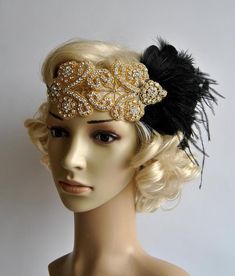 Crystal Applique Headband Beautiful Vintage Style flapper headband. Perfect for a vintage inspired bride, 1920's wedding or Great Gatsby party or any special occasions. All rhinestone headband. Glamour and stylish Made of : - delicate yet stunning high sparkle rhinestones beaded applique headband - clear and gold , champagne beading, rhinestones, crystals - set of turkey , roosters feathers and wispy ostrich plumes - satin ribbon - available in silver like on two last pictures https://www.etsy.c Adjustable Feather Headpiece For Vintage Events, Adjustable Feather Jewelry For Weddings, Vintage Feather Headpieces For Vintage Events, Vintage Feathered Headpieces For Vintage Events, Adjustable Gold Headpieces For Vintage Events, Adjustable Gold Gatsby Headpiece, Vintage Adjustable Wedding Headpiece, Gold Gatsby Headpiece For Vintage Events, Vintage Gold Headband For Party