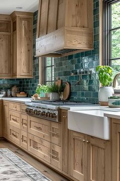 a kitchen with wooden cabinets and green tile backsplash