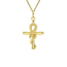 "P E N D A N T * I N F O R M A T I O N This pendant is crafted in solid gold. * Made in USA * Metal: Gold * Purity: Available in 14k and 18k gold * Finish: polished * Height: 1.5\" (38 mm) * Width: 1\" (26,5 mm) * Pendant weight (approx.): 6 grams (14k) * Bail: fits up to 4 mm chains * Solid, not hollow in the back * Comes with a signed certificate of authenticity Made in the USA, this pendant is available in 14k and 18k real solid gold and features a polished finish for a smooth look and lifeti Symbolic Yellow Gold Cross Necklace, Ceremonial Cross Necklace In Spiritual Style, Elegant Ceremonial Cross Necklace, Gold Cross Amulet Necklace, Gold Cross Necklace For Ceremonial Occasion, Ceremonial Ankh Amulet Necklace, Spiritual Ankh Necklace For Ceremonial Use, Luxury Gold Ankh Jewelry, Yellow Gold Ankh Necklace