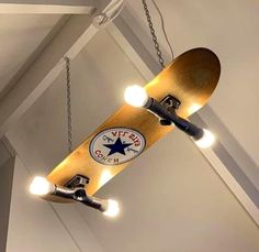 a skateboard hanging from the ceiling with lights on it's sides and wheels