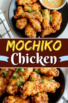 chicken wings with dipping sauce on the side and text mochiko chicken overlay