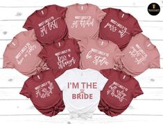 six shirts that say bride and groom on the front, one is for each other