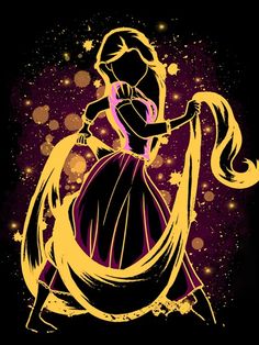 a drawing of a woman in a dress with long hair and stars on the background