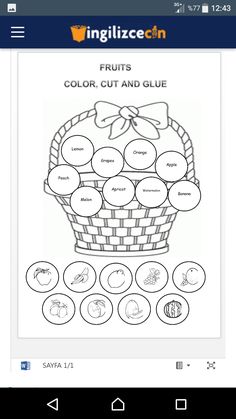 a coloring book with fruits and vegetables on the page, which includes an image of a basket