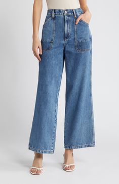 Slanted pockets and a cargo patch pocket lend a utilitarian-inspired style to these wide leg jeans fashioned from nonstretch denim. 28 1/2" inseam, 21" leg opening; 12 1/2" front rise; 16" back rise (size 29) Zip fly with button closure Front slant pockets; cargo patch pocket; back patch pockets 100% cotton Hand wash, dry flat Imported Casual Workwear Cropped Jeans With Patch Pockets, Casual Cropped Jeans With Patch Pockets For Work, Straight Leg Jeans With Flap Pockets For Work, Wide-leg Flare Jeans With Welt Pockets, Medium Wash Cropped Leg Wide Leg Pants With Pockets, Medium Wash Cropped Wide Leg Pants With Pockets, High Rise Utility Jeans With Welt Pockets, Denim Blue Wide Leg Jeans With Welt Pockets, Wide Leg Jeans With Welt Pockets In Denim Blue