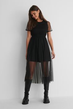 Elastic Drawstring Tulle Dress Black | na-kd.com Mesh Shirt Under Dress, Tulle Dress Black, Shirt Under Dress, Tulle Mini Skirt, Mini Dress Outfits, Winter Dress Outfits, Miniskirt Outfits, Under Dress, Black Dresses Casual